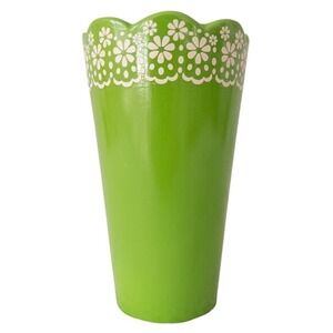 Green Floral Scalloped Vase Home Decor 7.5 Inch Green White Retro Cottagecore